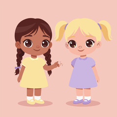 Charming vector illustration of two diverse little girls, a blonde and a brunette, sharing a happy moment of childhood friendship.