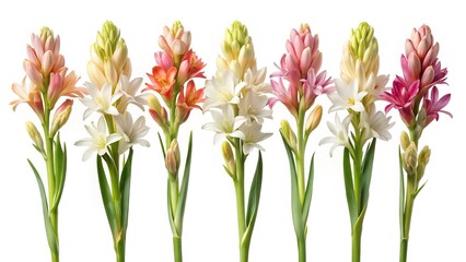Multiple colorful tuberoses or polyanthes tuberosa flowers arranged in a row on white
