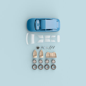 3d rendering of electric car components organized in a row