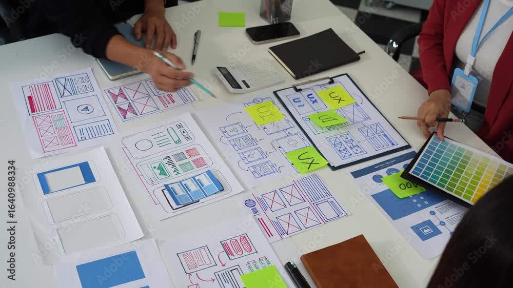 Wall mural ux developer and ui designer brainstorming about mobile app interface wireframe design with customer