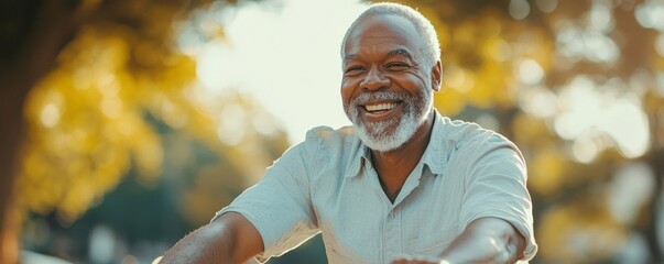 Happy mature senior Black African American man riding his bicycle through a park on a sunny day, highlighting the benefits of staying active and healthy in older age, Generative AI