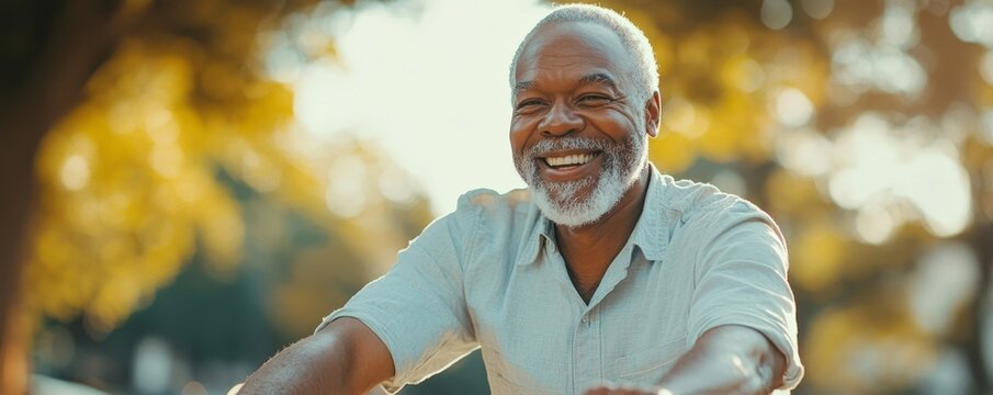 Happy mature senior Black African American man riding his bicycle through a park on a sunny day, highlighting the benefits of staying active and healthy in older age, Generative AI