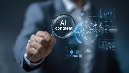Businessman examines AI content through magnifying glass. Overlayed digital interface shows data and globe