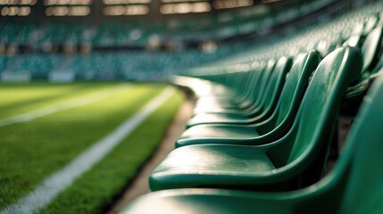 Obraz premium Empty Green Stadium Seating Rows Overlooking Bright Field, Ready for Game Day Excitement