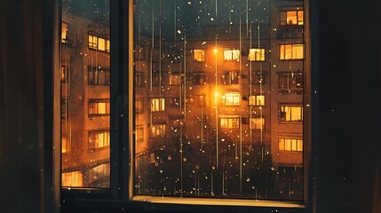 Rainy night view through a window