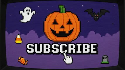 A retro pixel art halloween screen with a pumpkin ghost and bat encourages viewers to subscribe to a social media channel with a cursor icon - Powered by Adobe