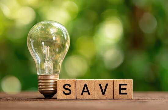 Lightbulb balanced on wooden blocks spelling "SAVE" against a blurred green background
