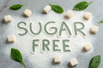Sugar free text written in white powder surrounded by sugar cubes and green leaves