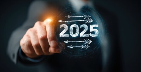 A hand points to the year 2025, surrounded by directional arrows on a holographic interface