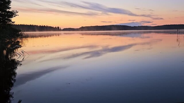 Peaceful sunset in purple, yellow and blue colors at lake with water striders, gerridae going on the calm still water. 