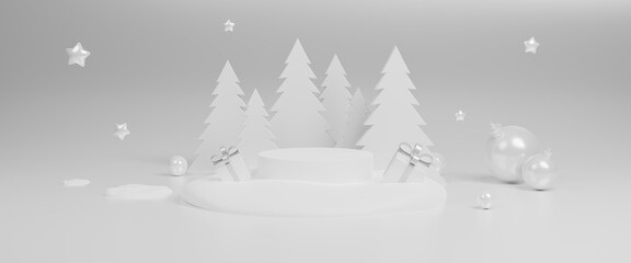 Merry Christmas and Happy New Year background with cylinder podium for promotions. Stage pedestal or platform in snow between Xmas trees, glass balls. Festive decorative design elements. 3d render