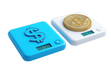 Two digital scales, one with a dollar sign, the other with a bitcoin