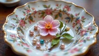 pastel flower trinket on jewelry dish, spring, no people, no text, no logo