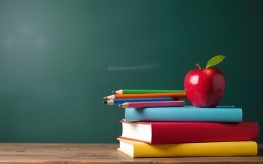 back to school concept books notebooks with apple colorful stationery education and school supplies blackboard background for learning stack of books on wooden table. High quality