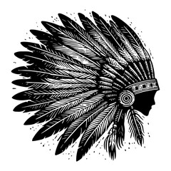 Obraz premium Profile of Native American Chief Head Adorned with Majestic Feather Headdress Black and White Outline Line Art Drawing