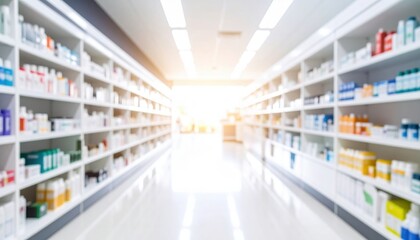 Fototapeta premium Pharmaceutical aisles blurred branding perspectives in healthcare environments