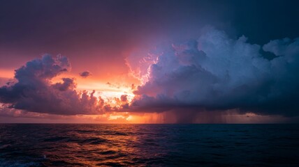 Vivid colors paint the sky as lightning strikes amidst dark storm clouds over the ocean.
