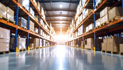 Fototapeta premium Defocused cargo storage room with surreal lighting in industrial perspective