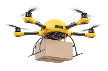 Fototapeta premium Yellow drone carrying cardboard package