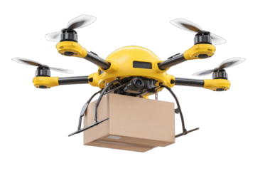 Yellow drone carrying cardboard package