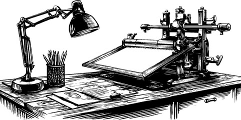 Vintage architects desk with engraving tools lamp and drafting equipment sketch for design