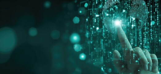 A hand interacts with a digital world of glowing binary code