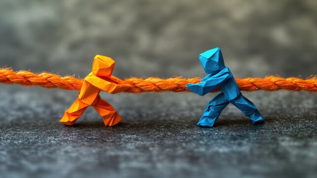 Imaginary scene folded paper figures battle in a tug of war - artistic workshop close-up