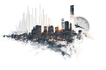 Fototapeta premium Cityscape with time element, abstract style