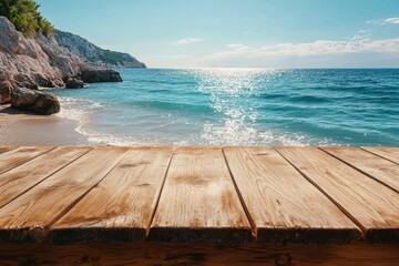 Fototapeta premium wooden table on the beach, positioned next to the water, conveying tranquility and a sense of calm. Ideal for evoking a peaceful and serene beachside atmosphere, Generative AI