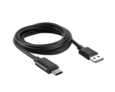 Black smartphone USB charging cable uncoiled isolated on transparent background