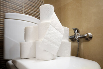 There are many rolls of toilet paper lying on the toilet lid in the bathroom of the apartment.