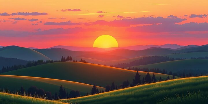 Cartoon sunset over rolling hills, lush green grass, and forest Parallax effect, flat design, sunset,  serene
