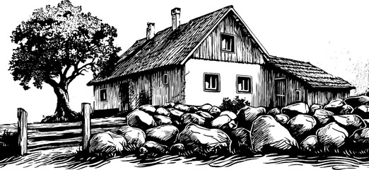 Vintage basque farmhouse sketch with rustic stone fence and tree