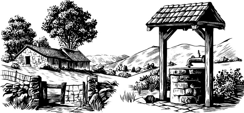 Engraved illustration set of basque farmhouse and rural landscape scene