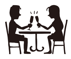 乾杯するカップルのシルエットイラスト