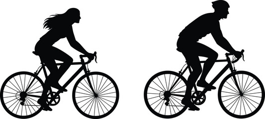 Obraz premium Silhouette of man and woman cycling together, outdoor fitness, healthy lifestyle, active exercise, biking, teamwork, motion, transportation, recreation, adventure, health.