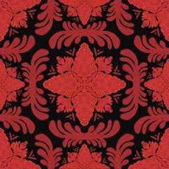 vintage floral background,red curves and painted to create flowers shape,leaves wiith black background in geometric patterns to as sarong,tile,printed fabric,batik,fabric,tablecloth patterns.