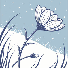 Naklejka premium Minimilist illustration of a single flower and a bud in a snowy field with a light blue sky background design vector