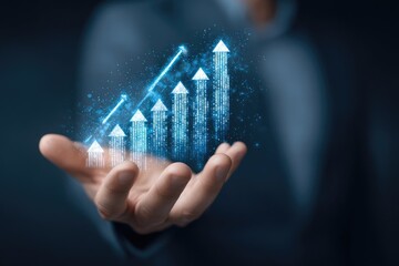 A hand holds a digital upward trend graph