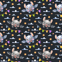 Seamless Halloween pattern. Funny bats, clouds, stars and garlands with colorful flags. Children's seamless pattern on a dark background. Hand drawn watercolor illustrations.