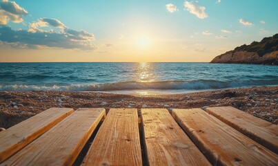 Fototapeta premium wooden table on the beach with the water beside it, capturing the essence of beachside relaxation. The image invites a connection with nature in a minimalist, photo-realistic style, Generative AI