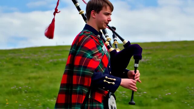 Bagpiper playing in a field