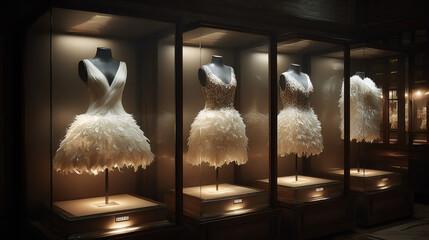 White feather dress exhibit in illuminated glass display case. Row of elegant ballet tutu style gowns for fashion museum showcase. Luxury fashion design and art installation