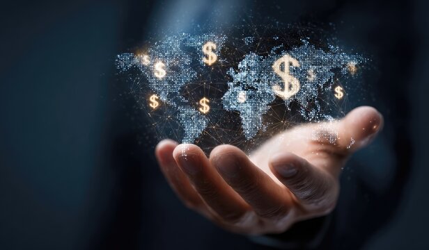 A hand holds a holographic world map, overlaid with dollar signs