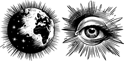 Engraved celestial tarot illustrations featuring earth and cosmic eye - design for spiritual prints and decor
