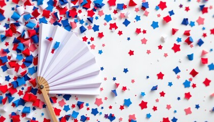 blank paper fan on red and blue confetti, july 4th, no people, no text, no logo