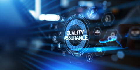 Quality Assurance and Control System Interface with Certification and Workflow Icons on Digital Touchscreen.