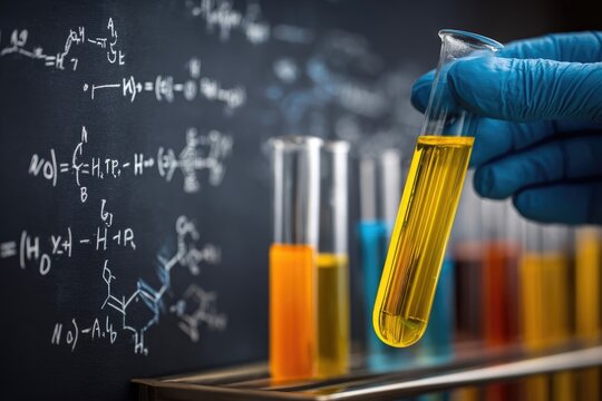 Gloved hand holds a yellow test tube with various colored tubes behind it, in front of a chalkboard covered in chemical equations - Powered by Adobe