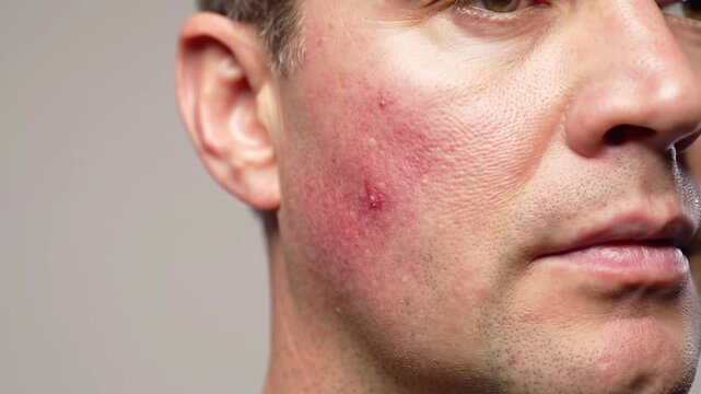 Facial Infection With Localized Cheek Swelling And Redness Spreading Across Skin On Neutral Background

