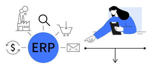 ERP diagram with icons for manufacturing, shopping cart, email integration, and money flow, alongside a professional pointing at data. Ideal for business planning, decision-making, supply chain